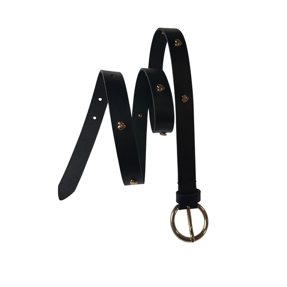 Martina Mori Black Genuine Leather Heart Studded Belt Gold Buckle Made in Italy